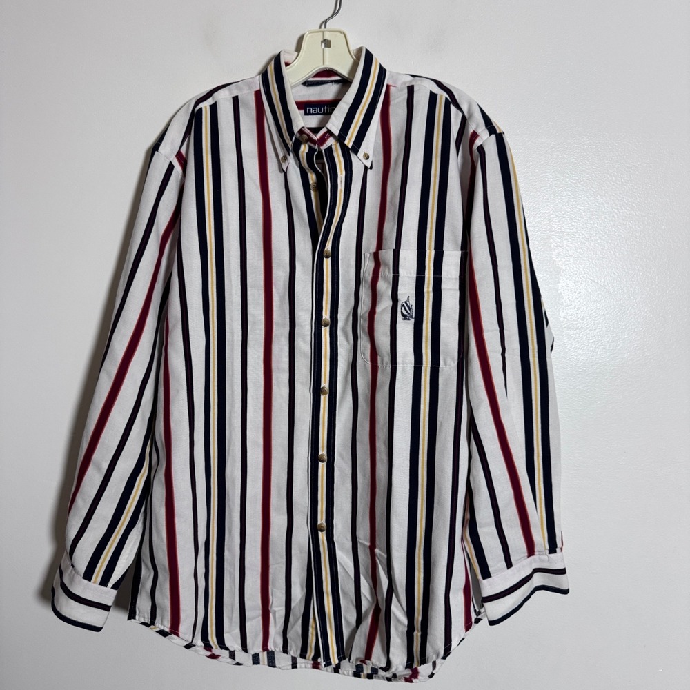Nautica Mens Medium Long Sleeve Button Down Shirt Striped White‎ Navy Red Cotton